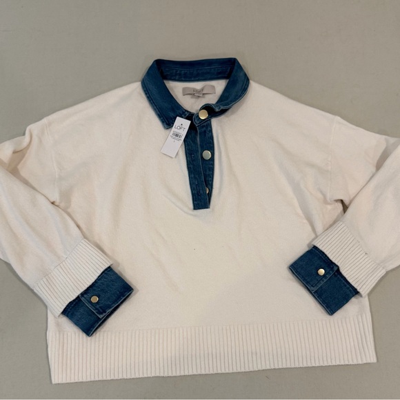 NWT-Denim Trim Henley Sweater - Picture 3 of 4